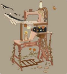 an old sewing machine sitting on top of a wooden table next to a bird flying over it