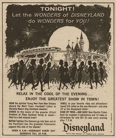 an old disneyland ad from the 1950's shows people dancing in front of a castle