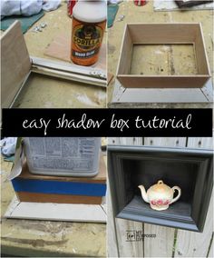 four different pictures showing how to make an easy shadow box with teapots and books