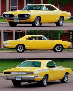 three different pictures of a yellow muscle car