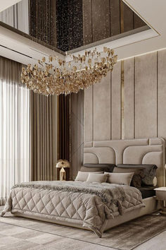 a bedroom with a chandelier hanging from the ceiling and a bed in front of a window