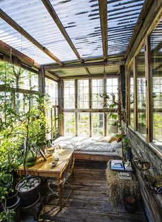 the sun room is filled with potted plants and other things to see in it