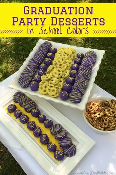 graduation party desserts in school colors on a white table with purple and yellow decorations