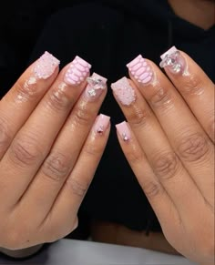 Pink French Tip Nails Charms, Short Acrylic With Charms, Short Nails With Charms, Acrylic Nails With Gems, Pink Nails Prom, Nail Designs With Gems, Short Pink Nails, Cute Pink Nails, Cute Short Nails