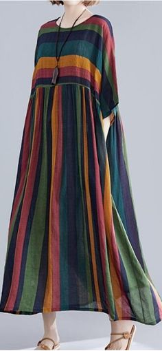 loose Striped Long Linen Batwing Women Spring Dresses Plus Size Oversized Cotton Casual Maxi Dress, Summer Cotton Multicolor Maxi Dress, Multicolor Relaxed Fit Maxi Dress For Summer, Casual Free Size Cotton Dresses, Summer Multicolor Cotton Maxi Dress, Loose Cotton Summer Dress, Cotton Lagenlook Maxi Dress With Relaxed Fit, Cotton Lagenlook Maxi Dress In Relaxed Fit, Summer Loose Cotton Dress