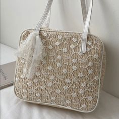 This Is A New Straw Bag With A White Floral Lace Overlay. Perfect For The Beach And Summer Weather! Rectangular White Crochet Bag For Vacation, White Square Crochet Bag For Vacation, Cream Summer Pouch Shoulder Bag, White Square Crochet Bag For Beach, White Rectangular Crochet Bag For Beach, White Square Bag For Summer, White Square Bag For Vacation, White Square Shoulder Bag For Beach, Cream Pouch Shoulder Bag For Summer