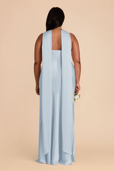 A halter neck gown with a dramatic yet elegant train. Available in Mist Blue. Shop Birdy Grey! This halter neck gown, with a dramatic train, is as equally elegant as it is show-stopping. | Mist Blue Bridesmaid Dress Matte Satin Size 2X | Birdy Grey Eileen Light Blue Flowy Formal Dress, Blue Satin Bridesmaid Dresses, Bridesmaid Dresses Light Blue, Bridesmaid Dresses Color Palette, Baby Blue Bridesmaid Dresses, Steel Blue Bridesmaid Dresses, Light Blue Gown, Halter Neck Gown, Birdy Grey