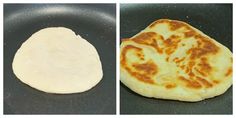 two pictures of flat bread being cooked in a skillet, and then turned upside down