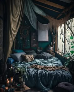 a bed in a room with lots of plants and decorations on the wall next to it