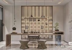 an elegant dining room with white walls and marble flooring, lighted by recessed lighting