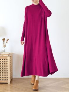 Styles: Casual Material: Cotton Blend Clothing Length: Mid-Calf Sleeve Length: Long Sleeve Collar: Mock Neck Pattern: Solid Color Season: Winter #dress #mockneck #knitwear #winter Plain Crew Neck Fall Dresses, Fall Crew Neck Plain Dresses, Fall Crew Neck Dresses, Pink Relaxed Fit Dress For Fall, Purple Long Sleeve Dress For Winter, Long Purple Dress For Winter, Purple Long Dress For Winter, Long Solid Color Sweater Dress For Winter, Long Cotton Winter Dress