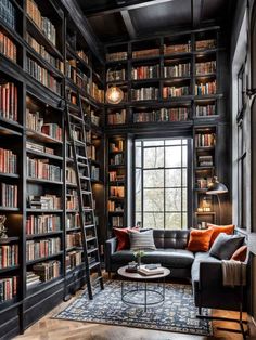 a living room with lots of bookshelves and couches in front of a window