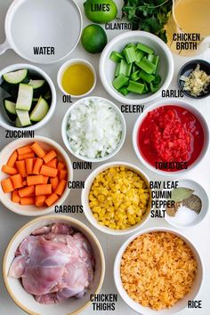 the ingredients for this meal are shown in bowls and labeled with their corresponding names on them