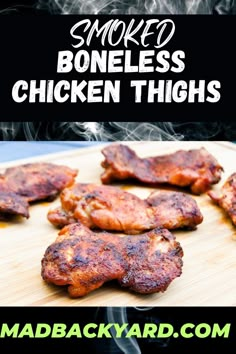 Smoked Boneless Skinless Chicken Thighs on any grill or smoker such as Traeger or Pit Boss pellet grill or Masterbuilt electric smoker. Great alone or shredded into pulled chicken or used for recipes like smoked chicken tacos. #smokedbonelesschickenthighs #smokedbonelessskinlesschickenthighs #bonelessskinlesschickenthighsmoked #bonelesschickenthighsonpelletgrill #bonelessskinlesschickenthighrecipes #bonelessskinlesschickenthighstraeger #bonelessandskinlesschickenthighs #masterbuiltsmokerrecipes #electricsmokerrecipes #traegergrillrecipes #traegerrecipes    #pitbosspelletgrillrecipes #pitbosspelletsmokerrecipes #pitbossrecipes #pitbosssmokerrecipes Chicken Thigh Pellet Grill, Pellet Grill Chicken Thighs, Smoked Chicken Thighs On Pellet Grill, Smoked Boneless Chicken Thighs, Pit Boss Pellet Smoker Recipes, Pellet Smoker Chicken, Traeger Chicken Thighs, Pellet Grilled Chicken, Smoker Chicken