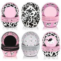 four different types of cupcake cases with pink and black designs