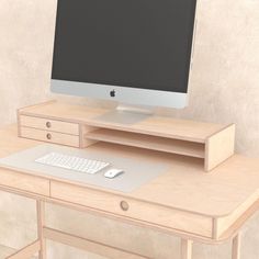 a computer monitor sitting on top of a wooden desk next to a keyboard and mouse