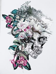 a drawing of a skull with flowers on its head