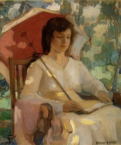 a painting of a woman sitting in a chair with an umbrella over her head and holding a book