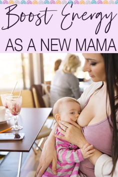 a woman holding a baby in her arms with the words best energy as a new mama