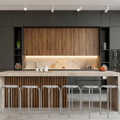 modern kitchen with bar stools and wooden cabinets