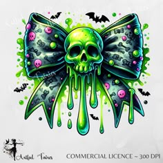 an image of a skull with green paint on it's head and bow tie