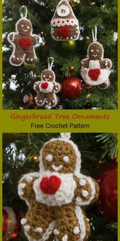 crocheted gingerbread tree ornaments are hanging from a christmas tree