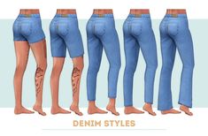 the jeans are different sizes and have tattoos on their arms, legs, and ankles