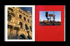 an open book with pictures of buildings and traffic lights