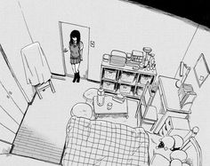 a black and white drawing of a woman standing in a living room next to a book shelf