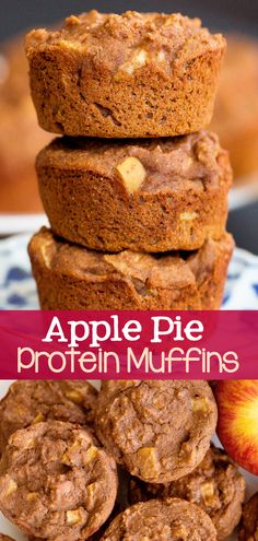 apple pie protein muffins stacked on top of each other