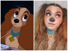 the lady and the tramp face is shown in two different pictures, one with a nose ring