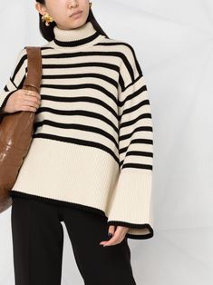 Sand-brown/navy-blue cotton-wool blend striped roll neck jumper from TOTEME featuring two-tone design, horizontal stripe pattern, roll neck and long sleeves. | Totême Striped Roll Neck Jumper Sweater Streetwear, Oversize Pullover, Turtle Neck Jumper, Roll Neck Jumpers, Colour Code, Striped Turtleneck, High Neck Sweater, Sweater Collection, Dolce E Gabbana