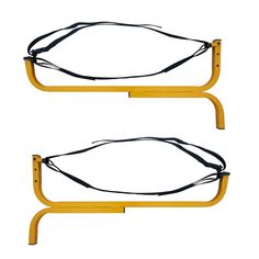 two yellow metal racks with wires attached to each other on top of white background, side by side