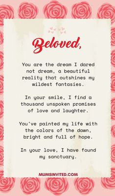 a poem with roses on it that says beloved