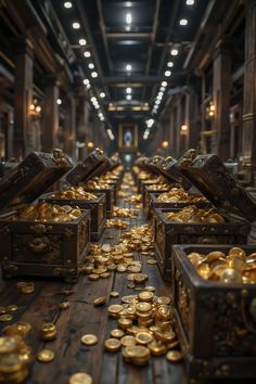 many gold coins are scattered on the floor in an old, dark room with wooden floors