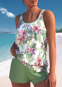 Hawaii Clothes, Womens Tankini Swimwear, Plants Print, Tankini Swimsuits For Women, Printed Tankini, Womens Tankini, Swimwear Tankini, Green Tank Top, 2 Piece Swimsuits