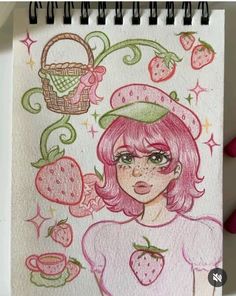 a drawing of a girl with pink hair and strawberries on her head is shown