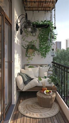 the balcony is decorated with lots of plants and hanging lights, including an outdoor sofa