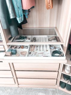 a closet filled with lots of different types of shoes and jewelry on top of drawers