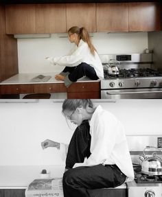 two photos one with a woman sitting on the counter and another with a man standing in front of an oven