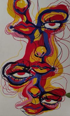 an abstract painting of a woman's face in red, yellow and blue