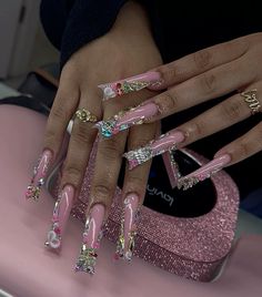 Long Nail Designs With Charms, Pink Money Nails, Birthday Nails Extra, Cute Nails Long, Long Black Nail Ideas, Long Acrylic Nails Pink And Black, Long Acrylic With Charms, Pink And Gold Nails Acrylic Long, Extra Long Pink Nails