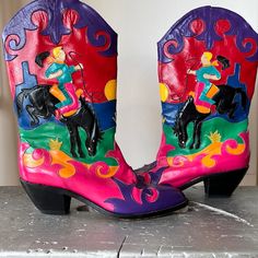 Gorgeous & Truly One Of A Kind Cowboy Cowgirl Western Style Vintage Zalo Boots! Excellent Condition. Rare! Featured In Many Chasing Unicorns Ads! See Photos. Bucking Horse And Cowboy With Fringe Chaps! Handmade Multicolored Genuine Leather Boots Marked Size 7.5 But Fit Like A Small 7 Because Narrow Toe. Please Compare Measurements. Leather Soles. Measurements: Heel To Toe 10” Sole Width 3.25” Boot Height 11” Follow Me On Social Mediaig: @Dreamonromeo Chasing Unicorns Justin Boots Montana Boot Co Cowgirl Boots Vintage, Luxury Vintage Ankle Cowboy Boots, Fringe Chaps, Custom Cowboy Boots Vintage, Lykke Wullf, Rudy Jude, Luxury Vintage Cowboy Boots, Luxury Vintage Cowboy Boots With Snip Toe, Painted Boots