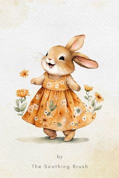 a watercolor painting of a rabbit in a dress