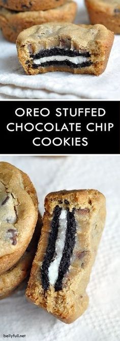 oreo stuffed chocolate chip cookies on a white napkin with the title above it in black and white