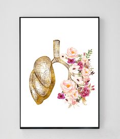 an illustration of the lungs and flowers on a white background with gold foilwork, framed in black frame