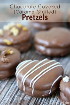 chocolate covered caramel stuffed pretzels on a wooden table with text overlay