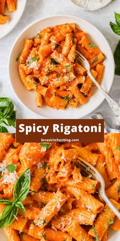 two bowls filled with pasta and topped with parmesan cheese, basil sprinkled on top