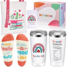 the teacher gift set includes two coffee mugs, a tote bag and three books