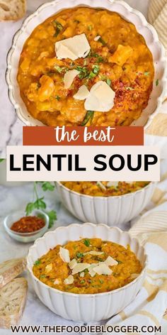 the best lentil soup recipe with cheese and parmesan on top in white bowls